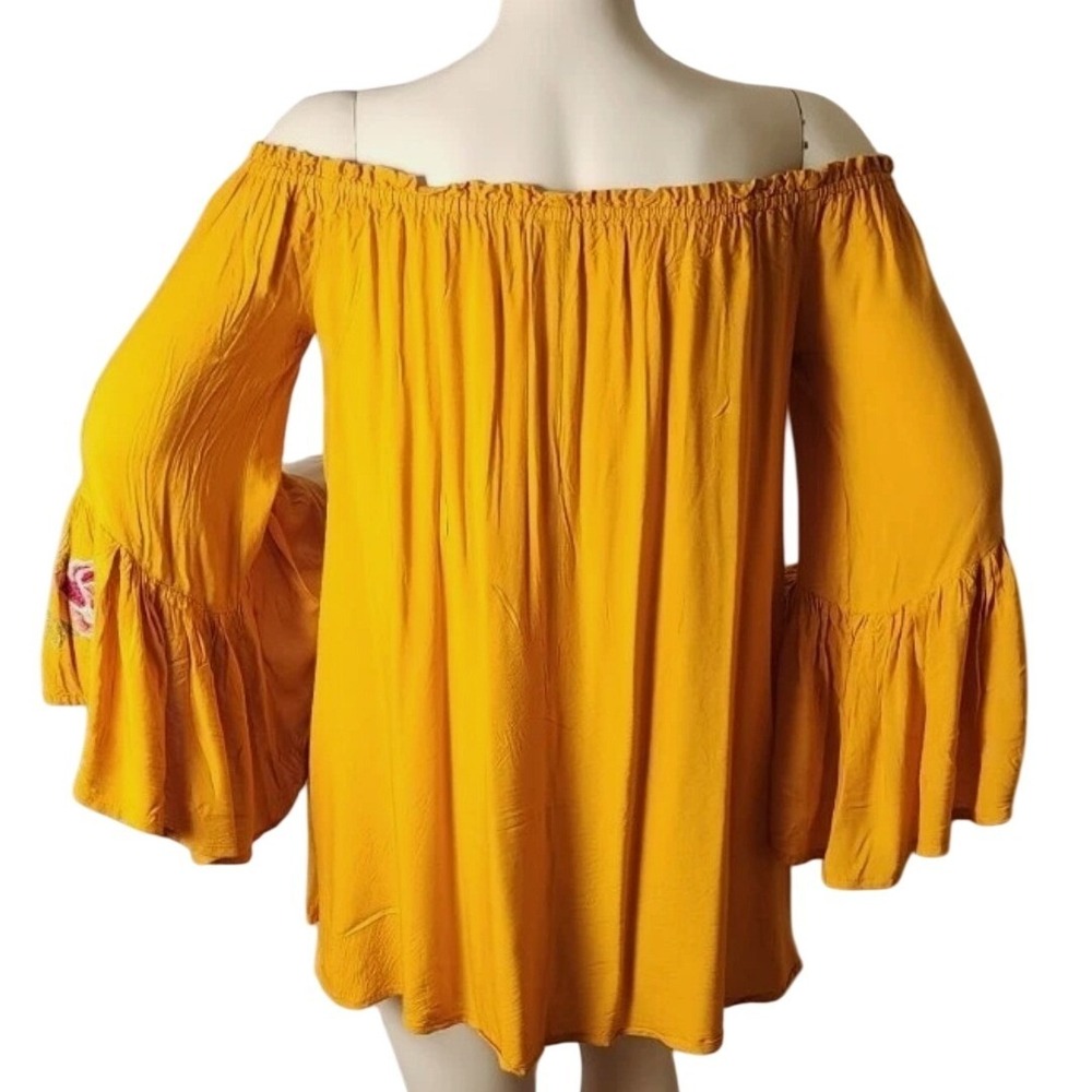 Feathers Mustard Yellow Floral Embroidered Bell Sleeve Off Shoulder Blouse XL - Picture 2 of 10
